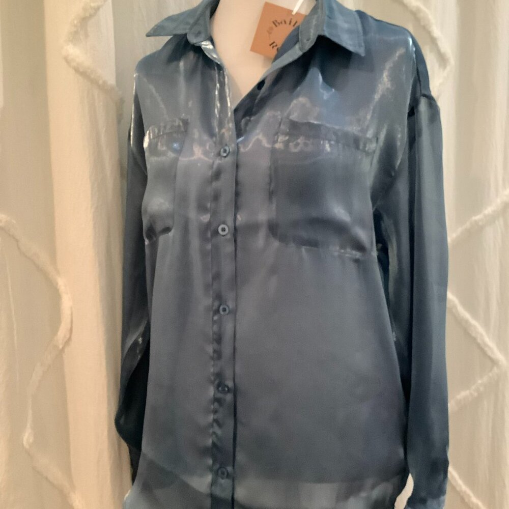 Sheer & Shiny blue long-sleeve oversized shirt